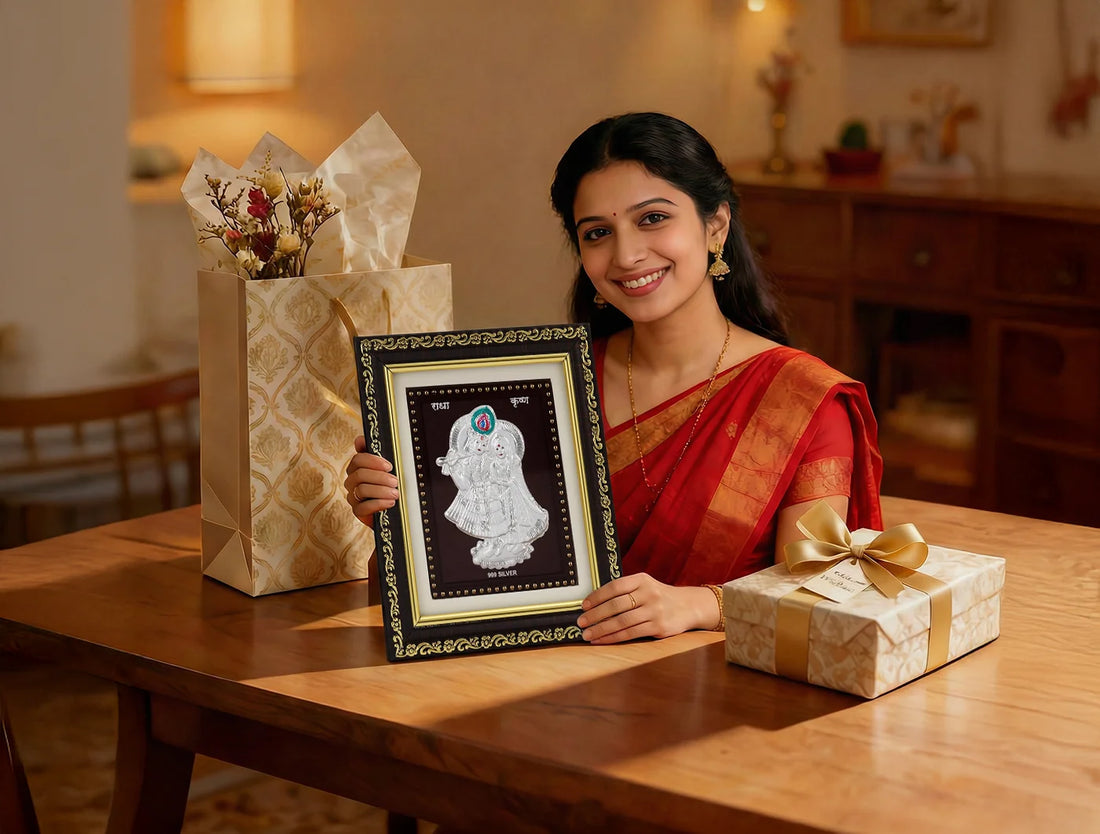 Square silver frame featuring Radhakrishna design from Bhagwati Jewels, perfect for gift items, measuring 5.5 by 5 inches.