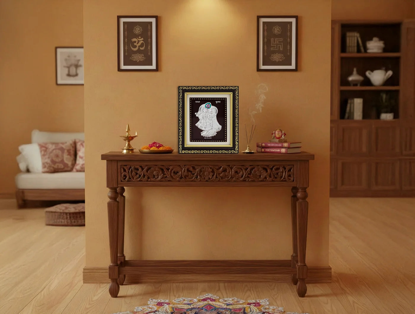 Square silver Radhakrishna frame for gift items, 5.5x5 inches, crafted by Bhagwati Jewels, ideal for tabletop display