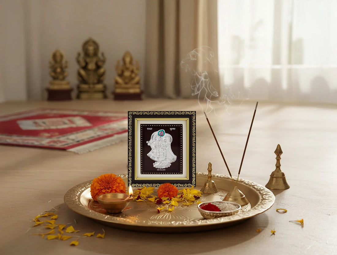 Square 5.5x5 inch silver Radhakrishna frame by Bhagwati Jewels, perfect for gifting or tabletop display.