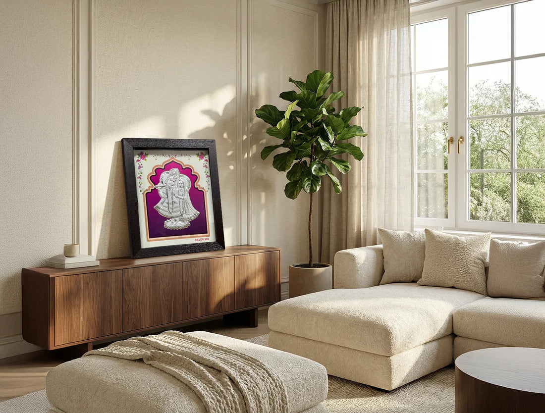 Square silver Radhakrishna frame from Bhagwati Jewels, 6x7 inches, ideal for wedding, housewarming, office, or festival gift displays.