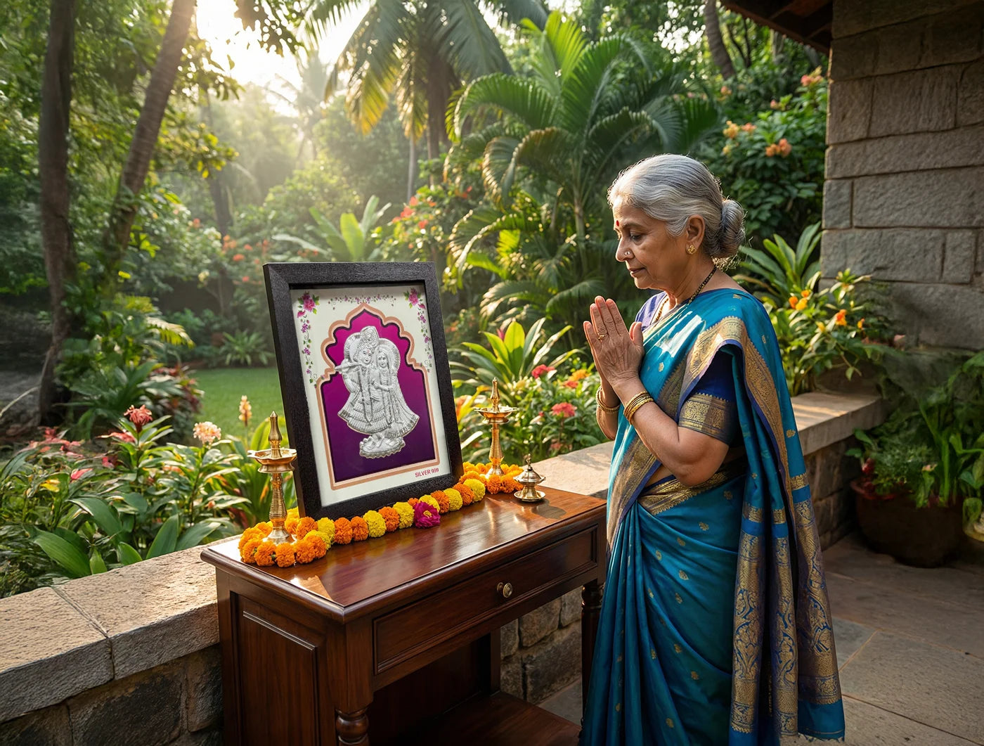 Square silver Radhakrishna god frame by Bhagwati Jewels, 6x7 inches, perfect for wedding, housewarming, or festival gifting.