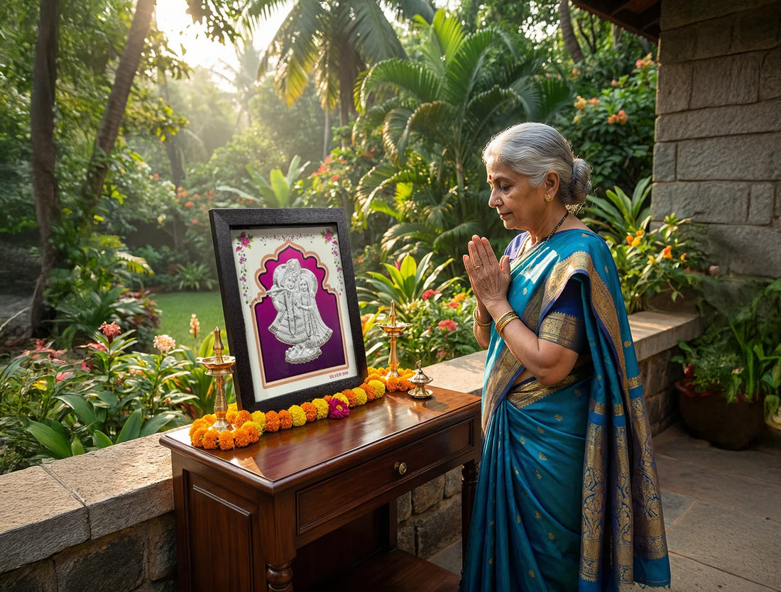 Square silver Radhakrishna god frame by Bhagwati Jewels, 6x7 inches, perfect for wedding, housewarming, or festival gifting.