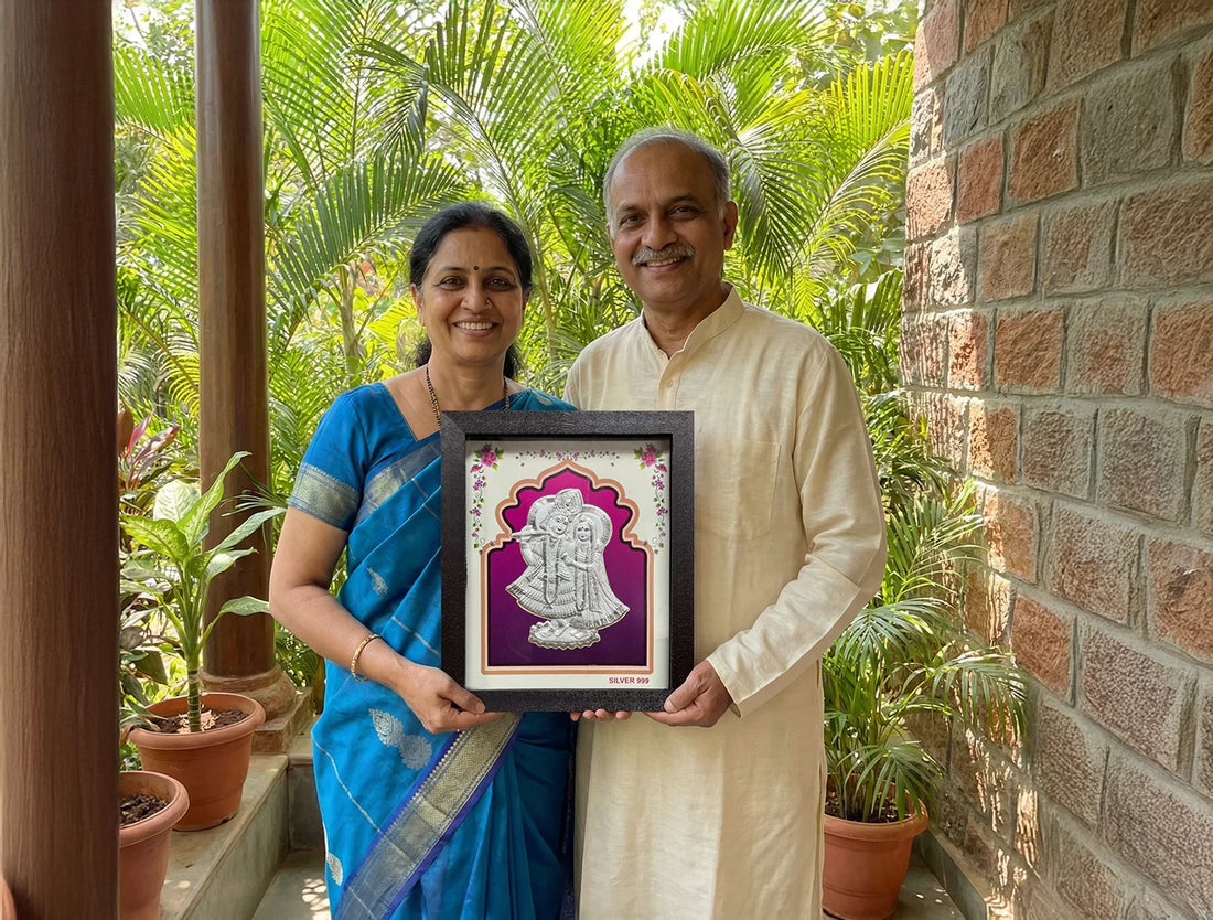 Silver Radhakrishna God frame by Bhagwati Jewels, 6x7 inch square tabletop decorative piece for weddings, housewarming, and festivals.