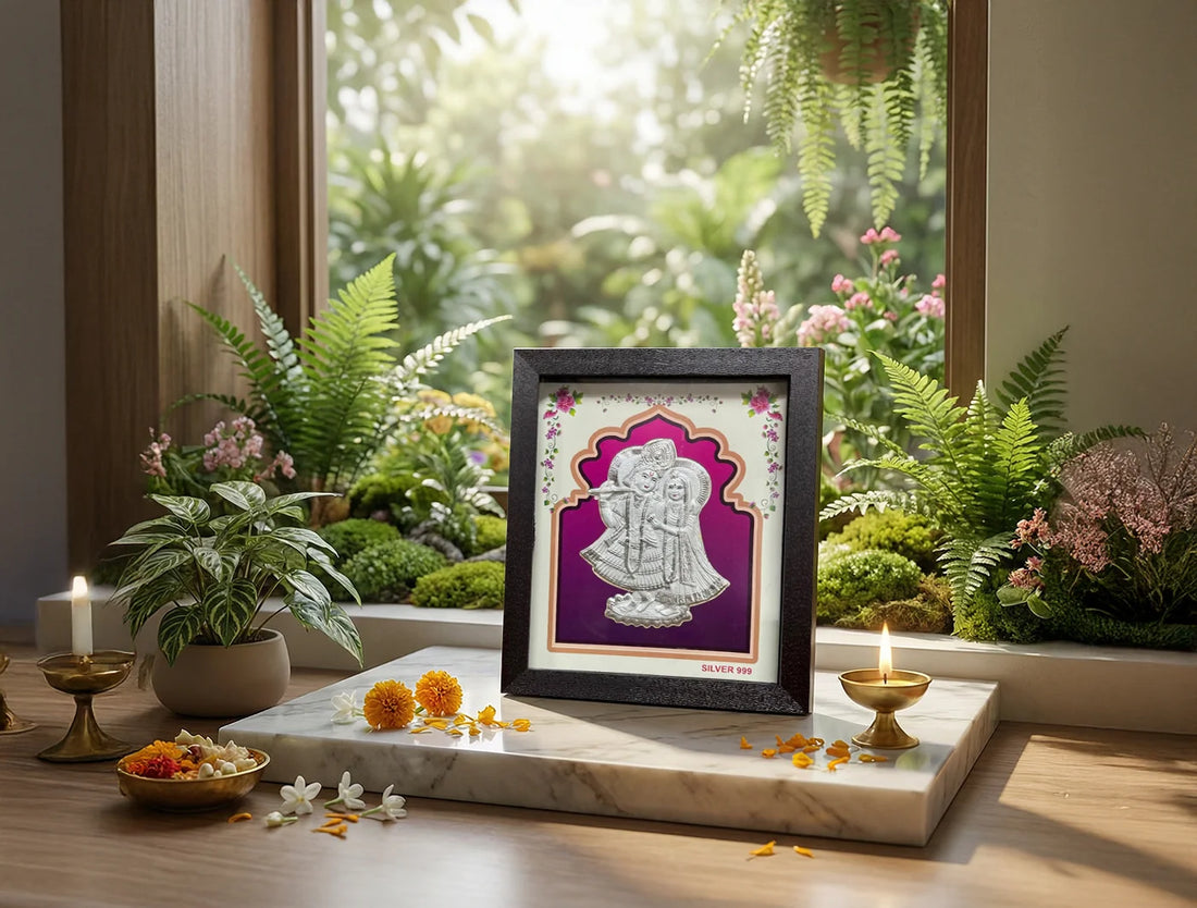 Silver Radhakrishna frame by Bhagwati Jewels, 6x7 inch square tabletop display for wedding, housewarming, or festival gifts