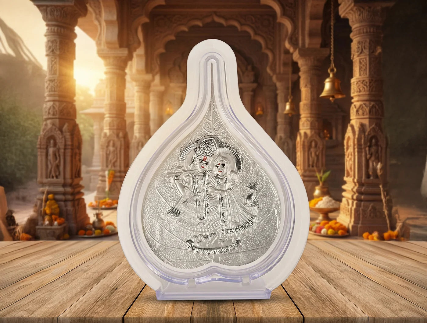 Silver Radhakrishna temple frame by Bhagwati Jewels, 4.25x3 inches, ideal for temple, office, or hall decor, and spiritual gifting.