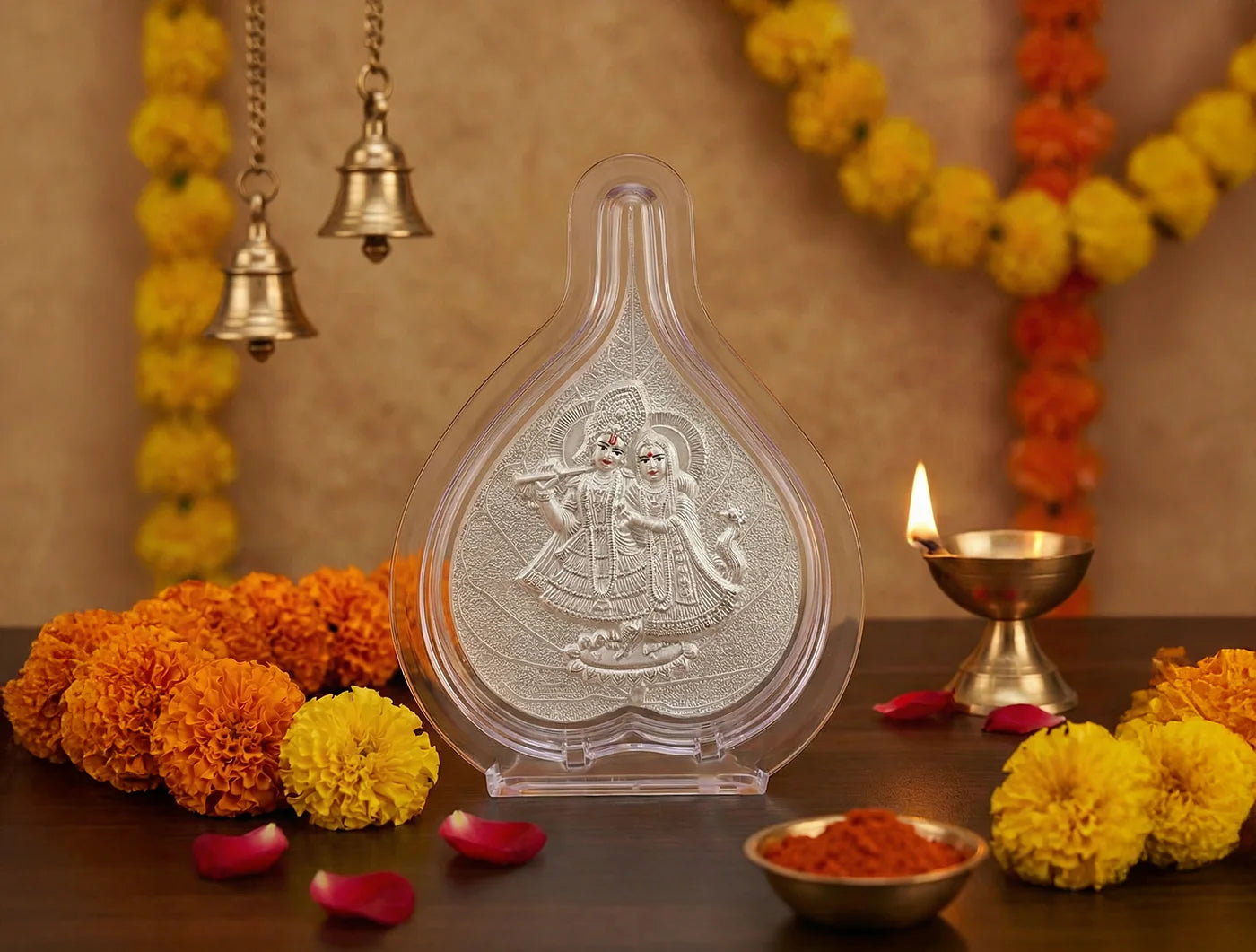 Silver Radhakrishna temple frame by Bhagwati Jewels, 4.25 x 3 inches, ideal for office, hall decor, or spiritual gifting.