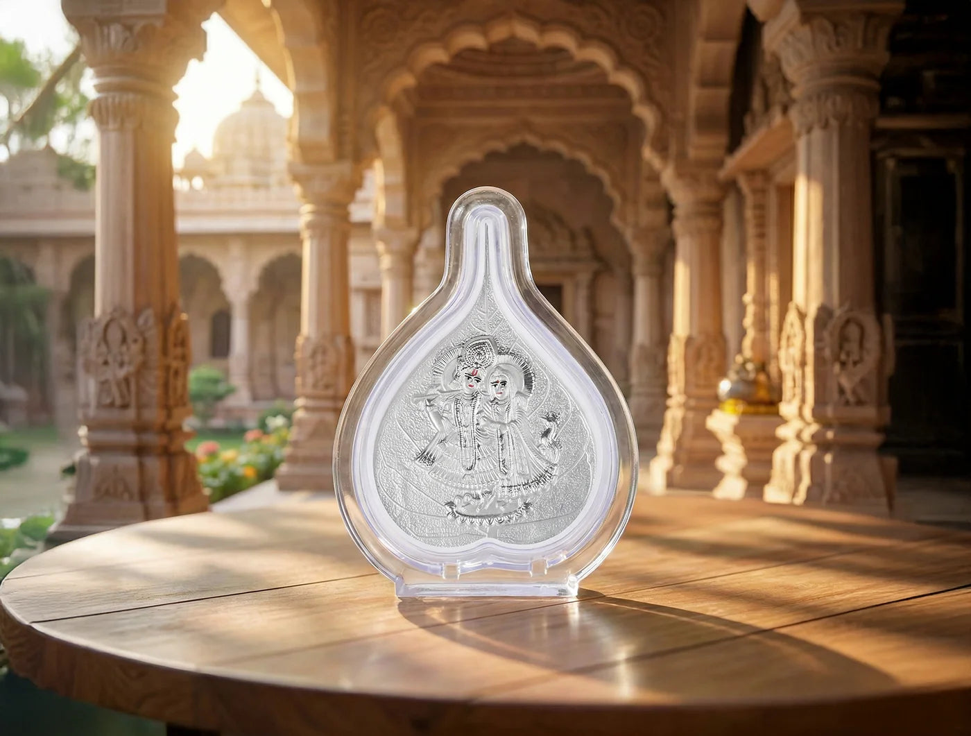 Silver Radhakrishna temple frame by Bhagwati Jewels, 4.25"x3" pure silver decor for temple, office, or hall display.