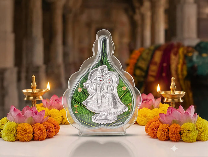 Silver Radhakrishna Green Pan Stand by Bhagwati Jewels, 7x5 inch silver frame for tabletop display.