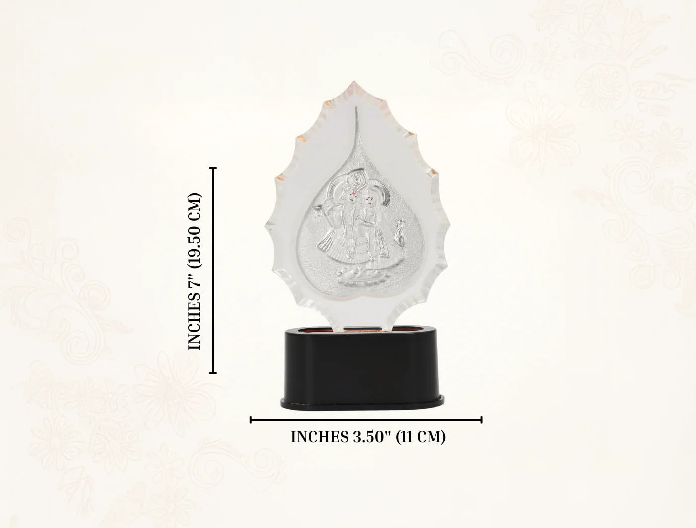Silver Radhakrishna trophy stand with idol, 7-inch tabletop silver frame for home temple puja, crafted by Bhagwati Jewels.