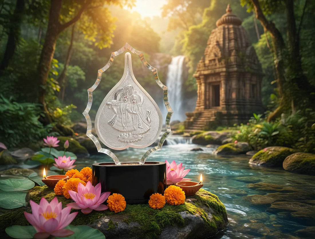 Pure Radhakrishna Trophy Stand in 999 silver with idol and pooja setup, ideal for home temple or spiritual gift, 7x3.5 inches