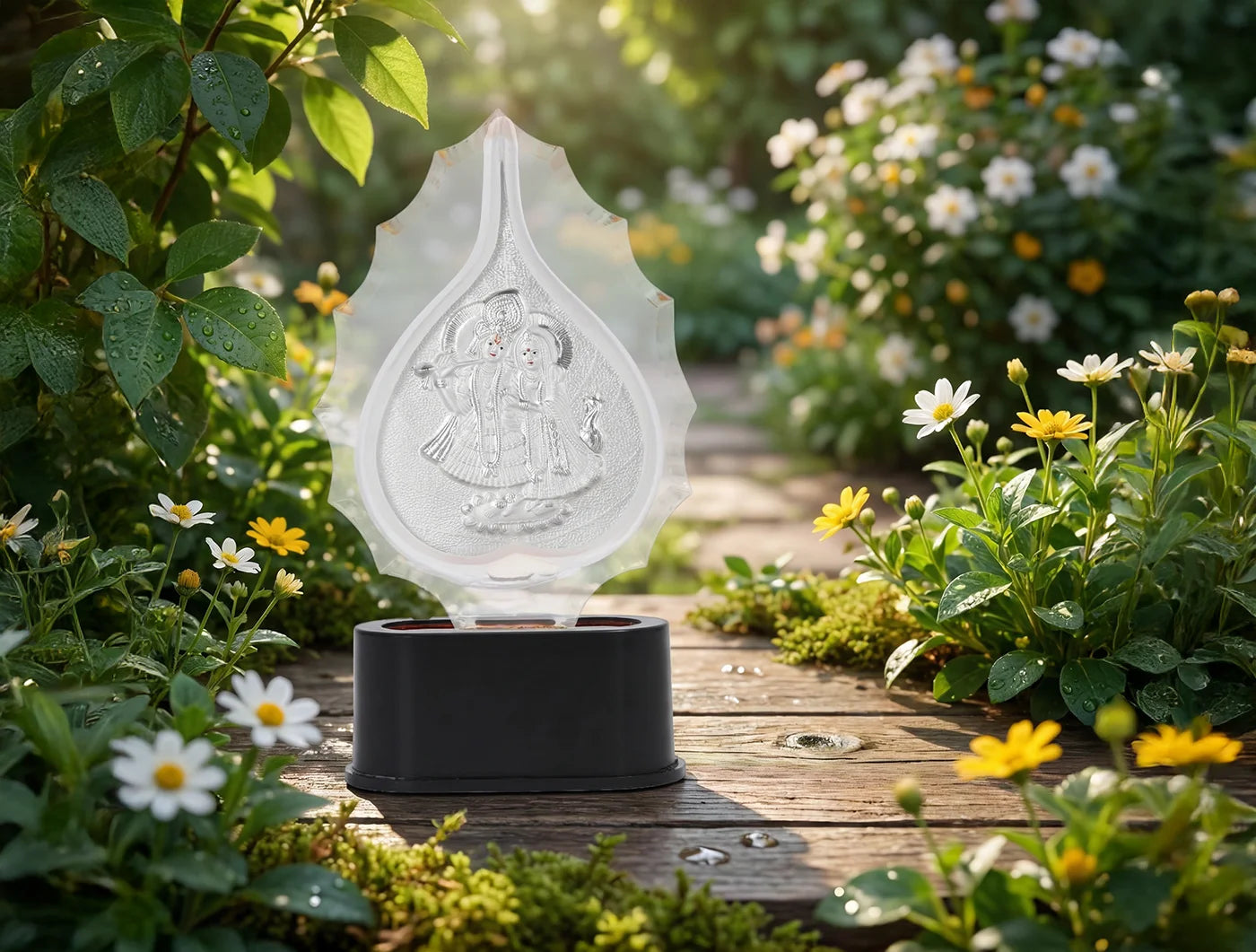 Silver Radhakrishna trophy stand with 999 silver idol, suitable for home temple pooja, 7-inch tabletop decorative piece.