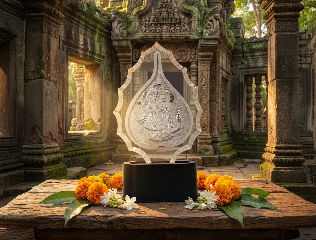 Pure Radhakrishna Trophy Stand in silver, featuring a 7-inch Radhakrishna idol for home temple or spiritual gifting.