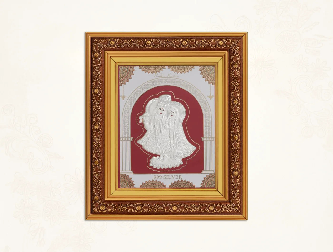 Square wall-mounted Radhakrishna frame with 999 pure silver and copper accents from Bhagwati Jewels.