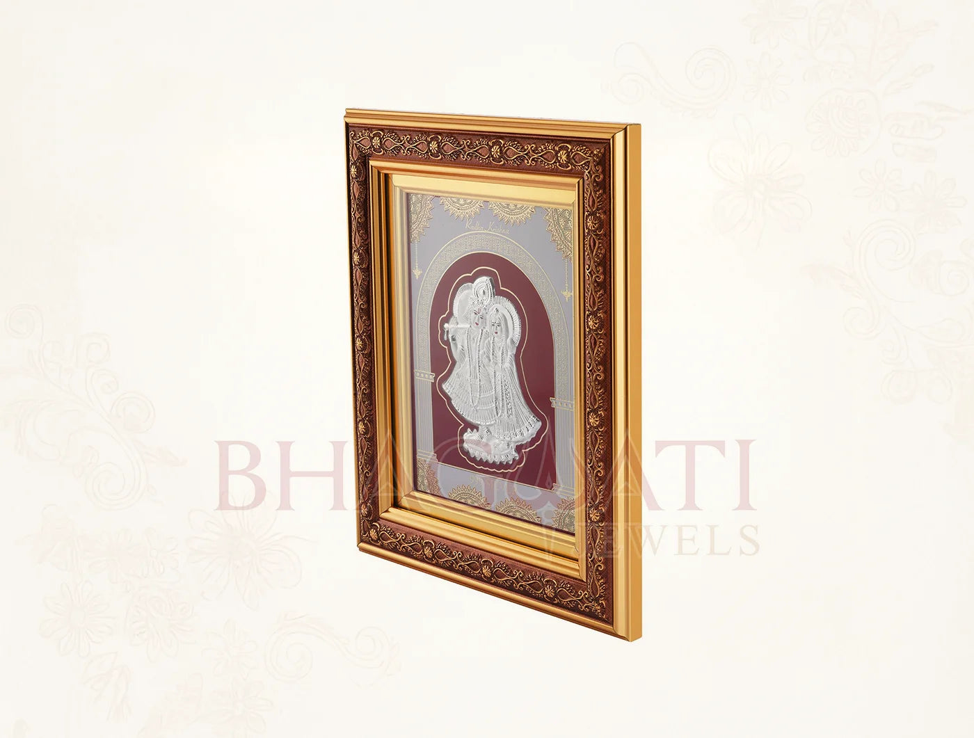 Square silver Radhakrishna wall mount frame with copper accents, crafted by Bhagwati Jewels, featuring detailed religious imagery.