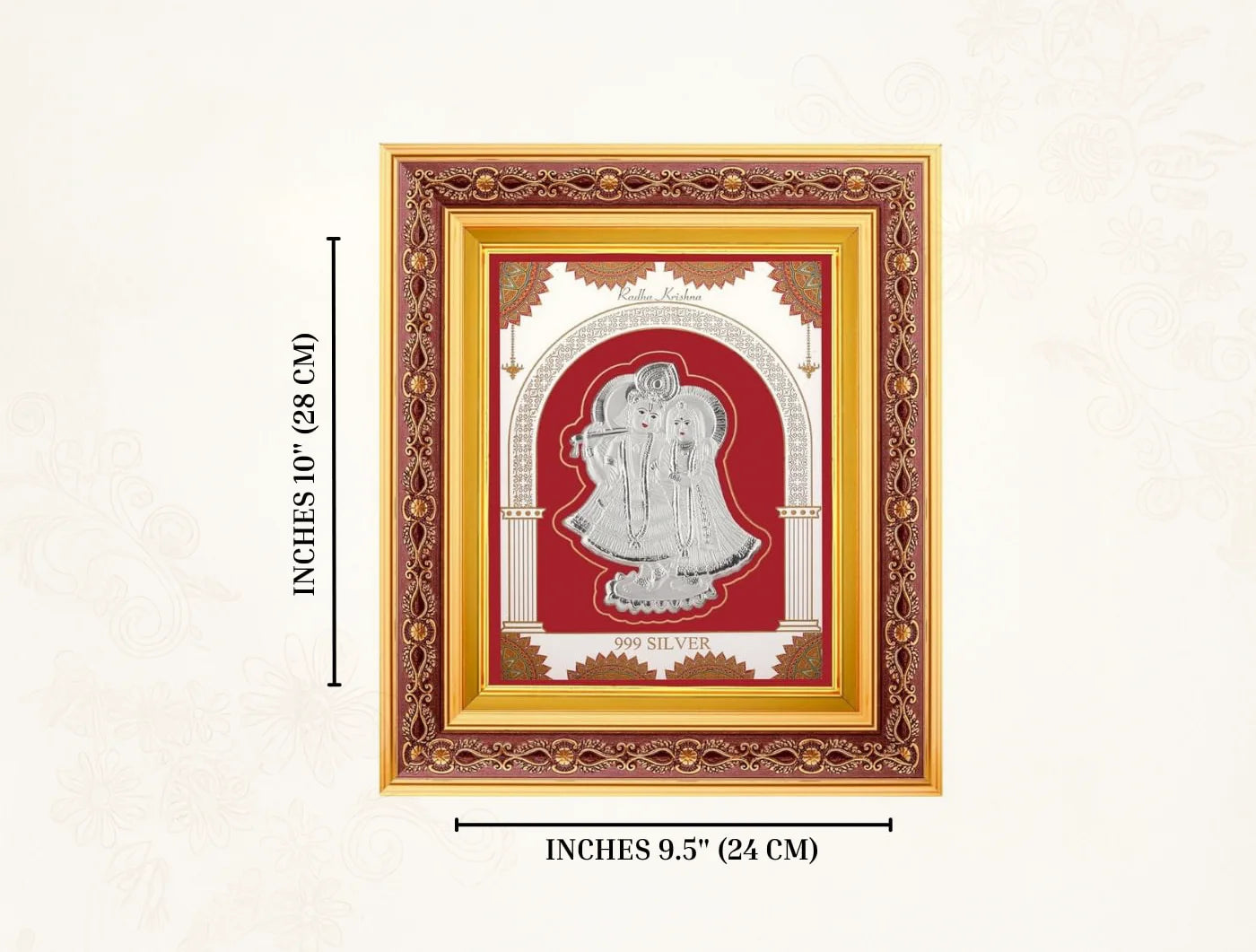 Square silver frame featuring Radhakrishna deity image, made of 999 pure silver with a copper frame, wall-mountable design.
