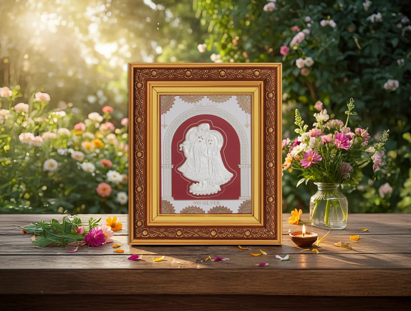 Square silver frame featuring Radhakrishna deity design, made of 999 pure silver with a copper backing, wall-mounted for decorative display.