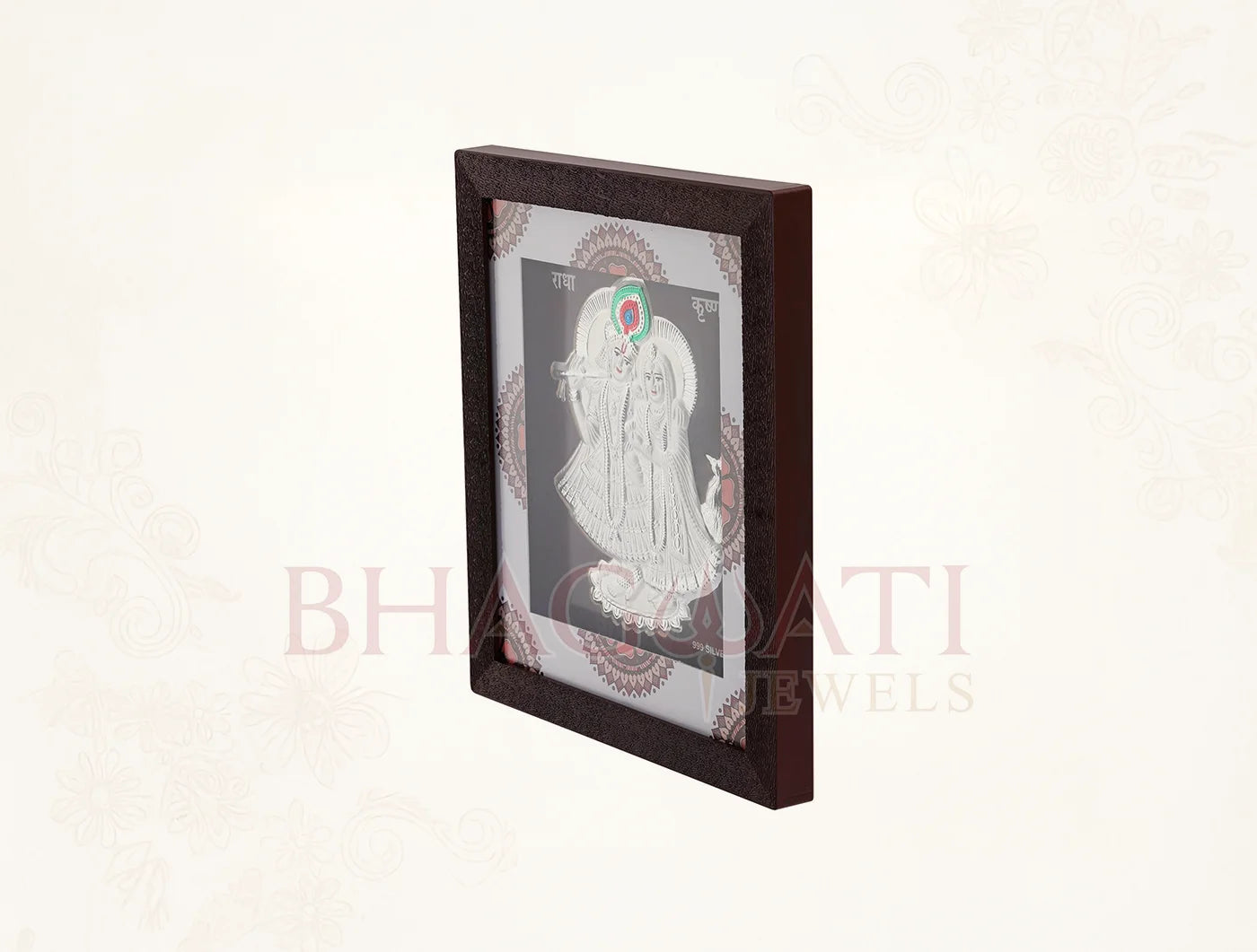 Silver Radhakrishna wooden photo frame by Bhagwati Jewels, 7x6 inch hanging frame with intricate silver detailing.