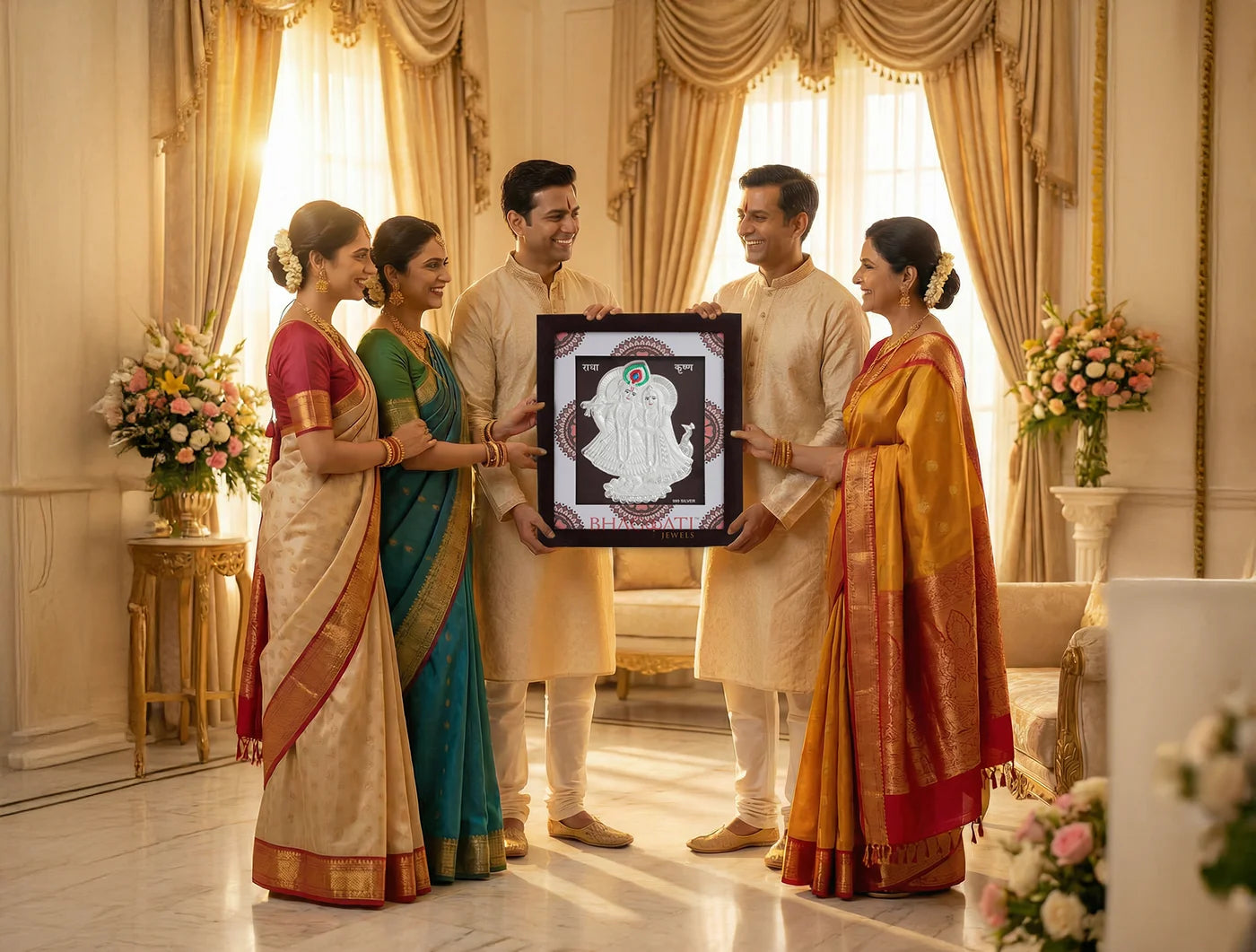 Silver Radhakrishna wooden square photo frame by Bhagwati Jewels, 7x6 inches, featuring intricate silver craftsmanship.