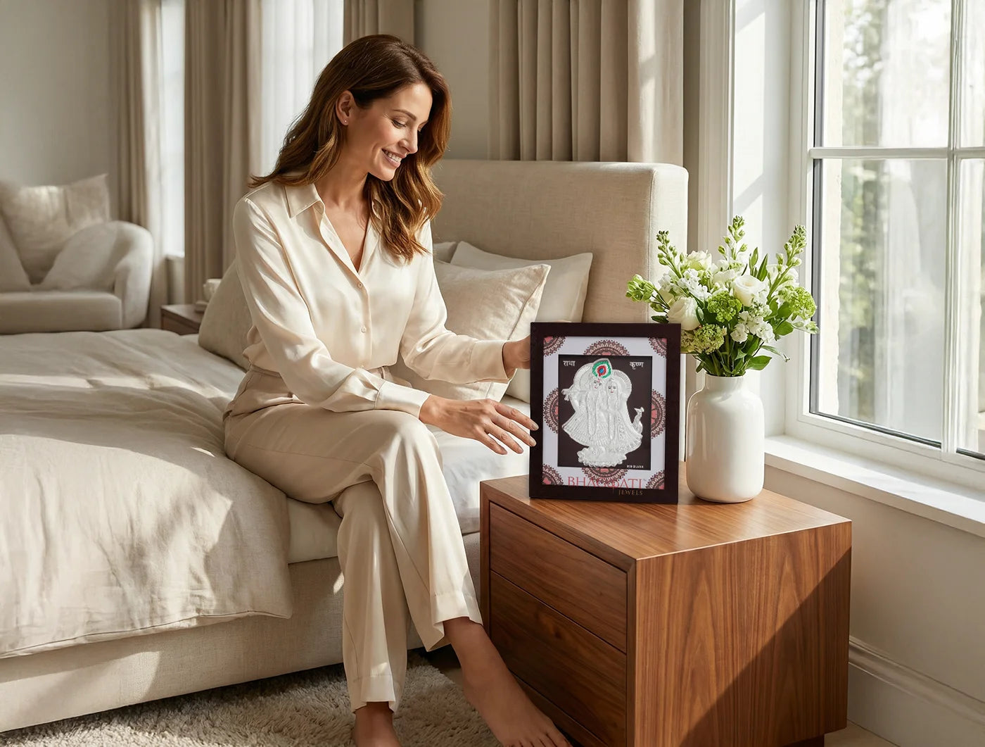 Silver Radhakrishna wooden square photo frame by Bhagwati Jewels, 7x6 inches, featuring intricate silver craftsmanship.