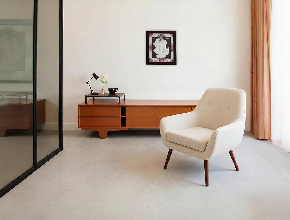 Silver Radhakrishna wooden square photo frame by Bhagwati Jewels, 7x6 inches, featuring intricate silver detailing.