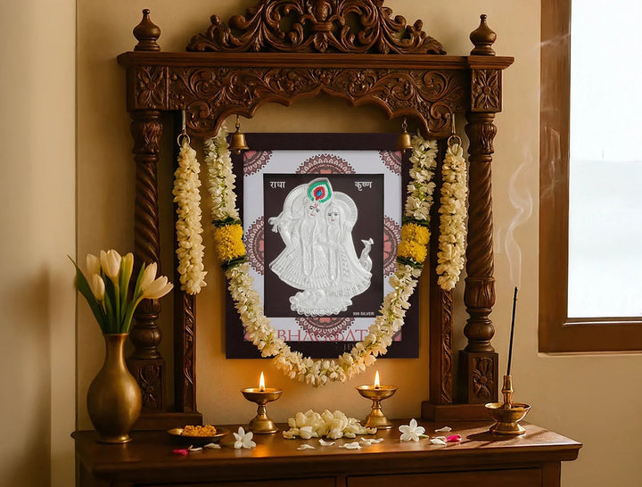 Silver Radhakrishna wooden square photo frame by Bhagwati Jewels, 7x6 inches, featuring intricate silver craftsmanship.