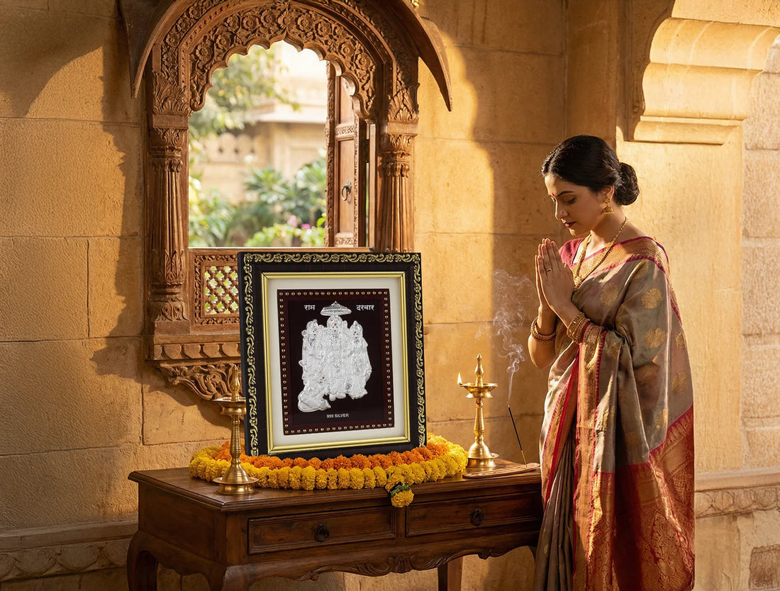 Silver Ramdarbar frame by Bhagwati Jewels, 5.5 x 5 inch, featuring detailed deity images on a premium 999 silver frame.