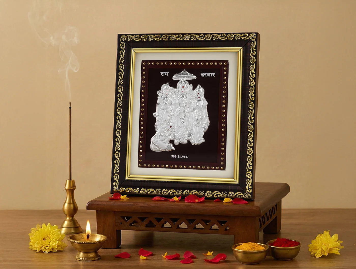 Silver Ramdarbar frame from Bhagwati Jewels, 5.5 x 5 inches, featuring detailed Lord Ram, Lakshman, and Hanuman sculpture.