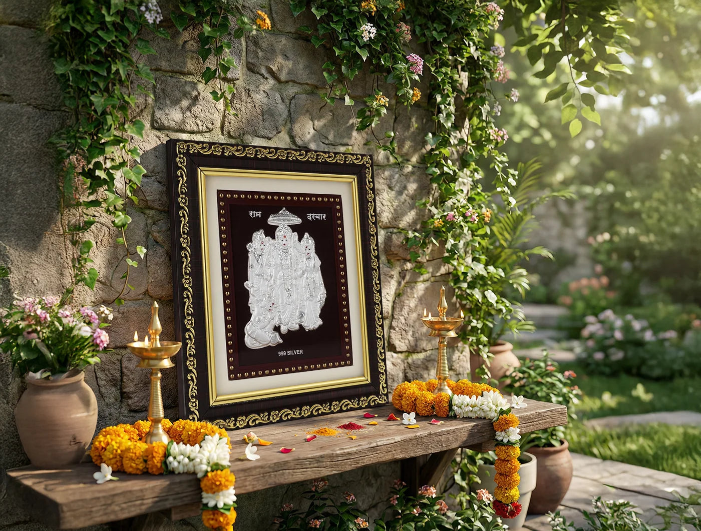 Silver Ramdarbar frame by Bhagwati Jewels, 5.5 x 5 inch premium 999 silver decorative frame for religious photo display.