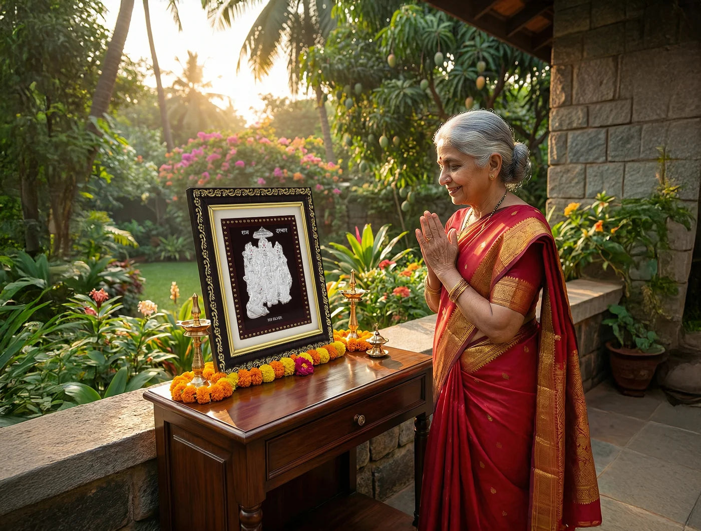 Silver Ramdarbar frame by Bhagwati Jewels, 5.5 x 5 inches, featuring detailed Ramdarbar deity artwork in premium 999 silver.