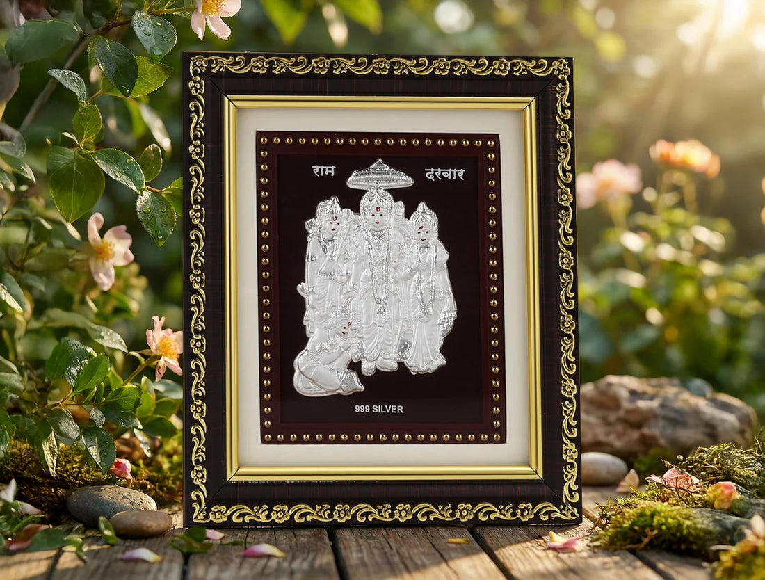Silver Ramdarbar frame from Bhagwati Jewels, 5.5 x 5 inches, featuring detailed craftsmanship in premium 999 silver.