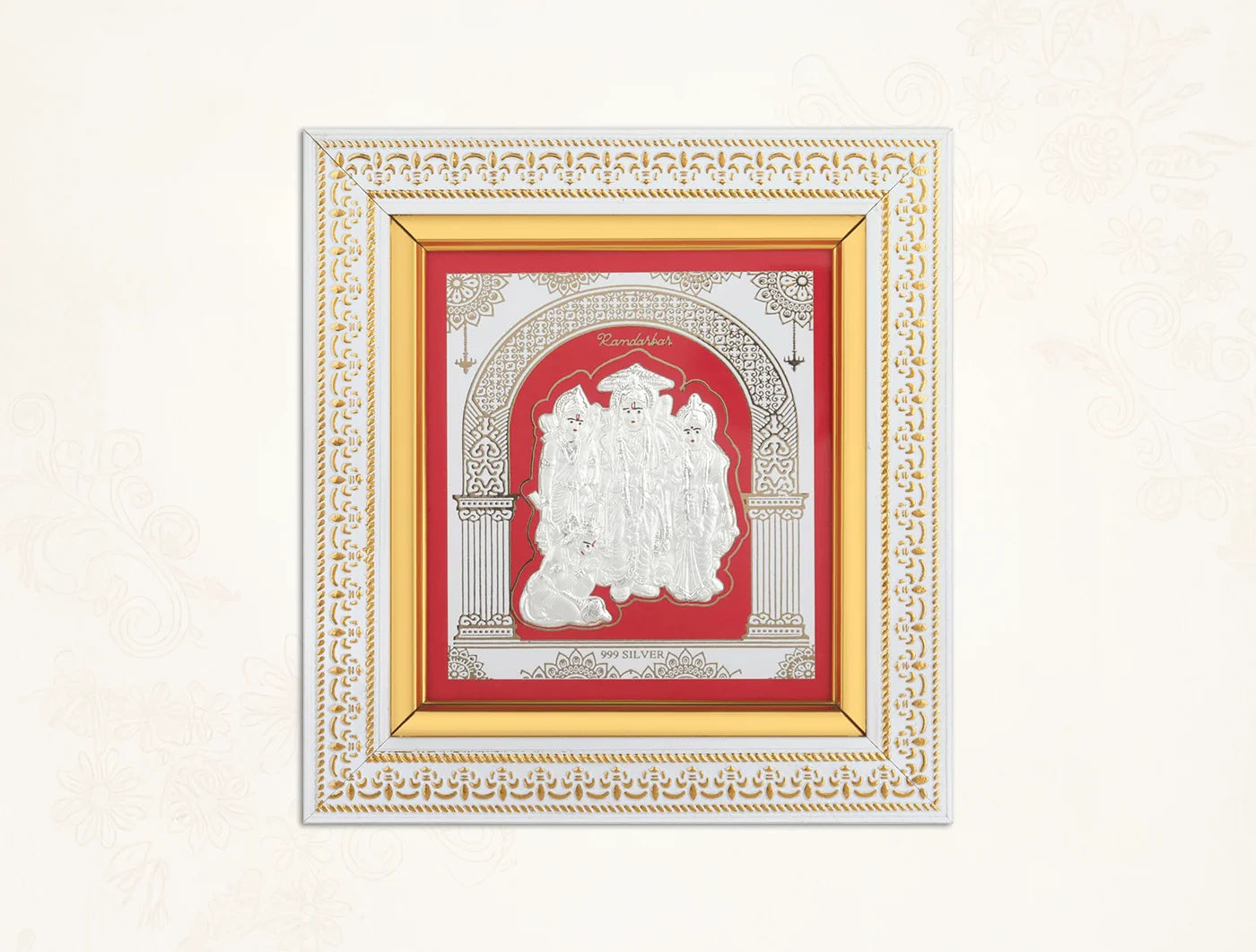 Silver Ramdarbar wall mount square photo frame by Bhagwati Jewels, wooden 8x7.5 inch decorative frame for home or office decor.