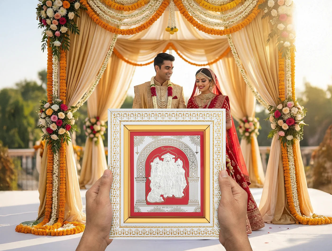 Silver Ramdarbar wall-mounted square photo frame from Bhagwati Jewels, wooden decor for home or office, 8x7.5 inches