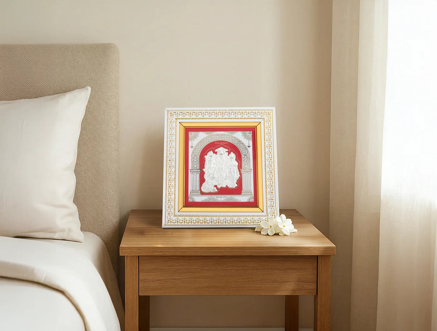 Silver Ramdarbar wall mount square photo frame by Bhagwati Jewels, wooden 8x7.5 inch frame for home or office decor.