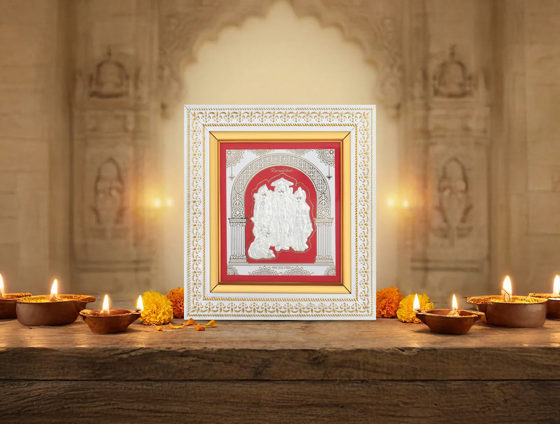 Silver Ramdarbar wall mount square photo frame by Bhagwati Jewels, wooden design for home or office decor, 8 x 7.5 inches