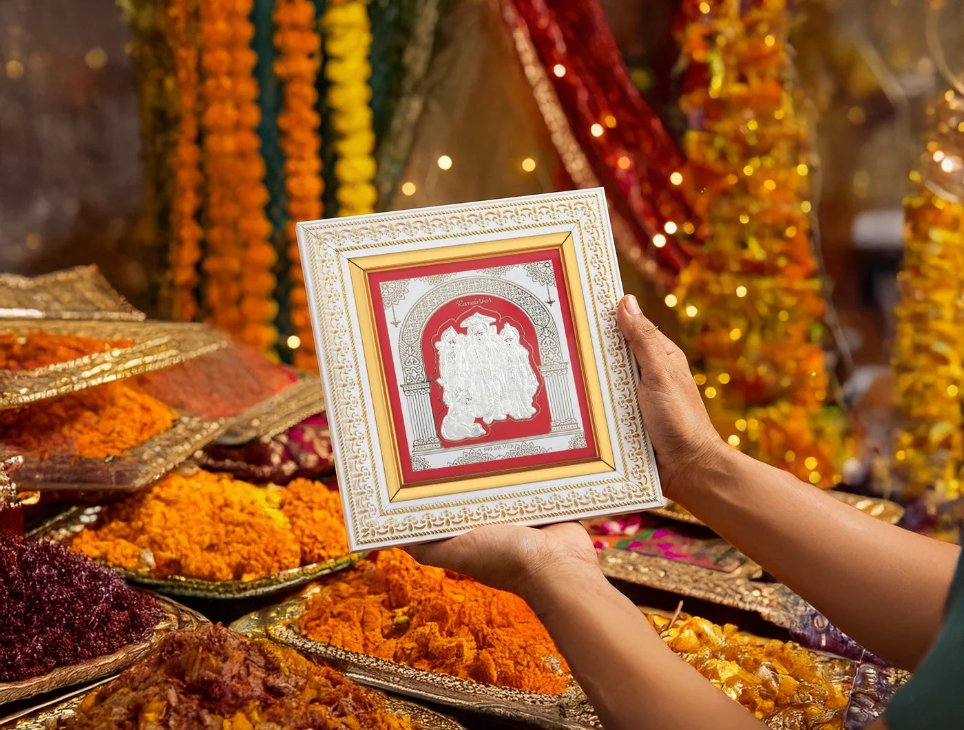 Silver Ramdarbar wall mount square photo frame by Bhagwati Jewels, wooden design for home or office decor, 8x7.5 inches.