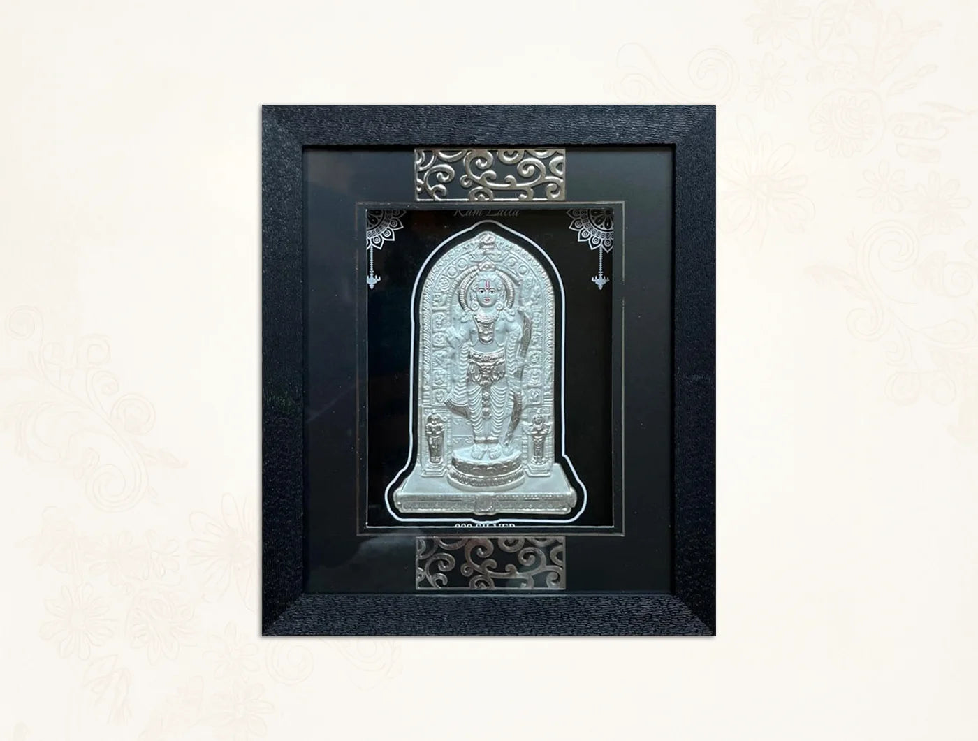 Silver Ramlalla wooden square photo frame by Bhagwati Jewels, wall mount or tabletop decor for home or office, 7x6 inches.