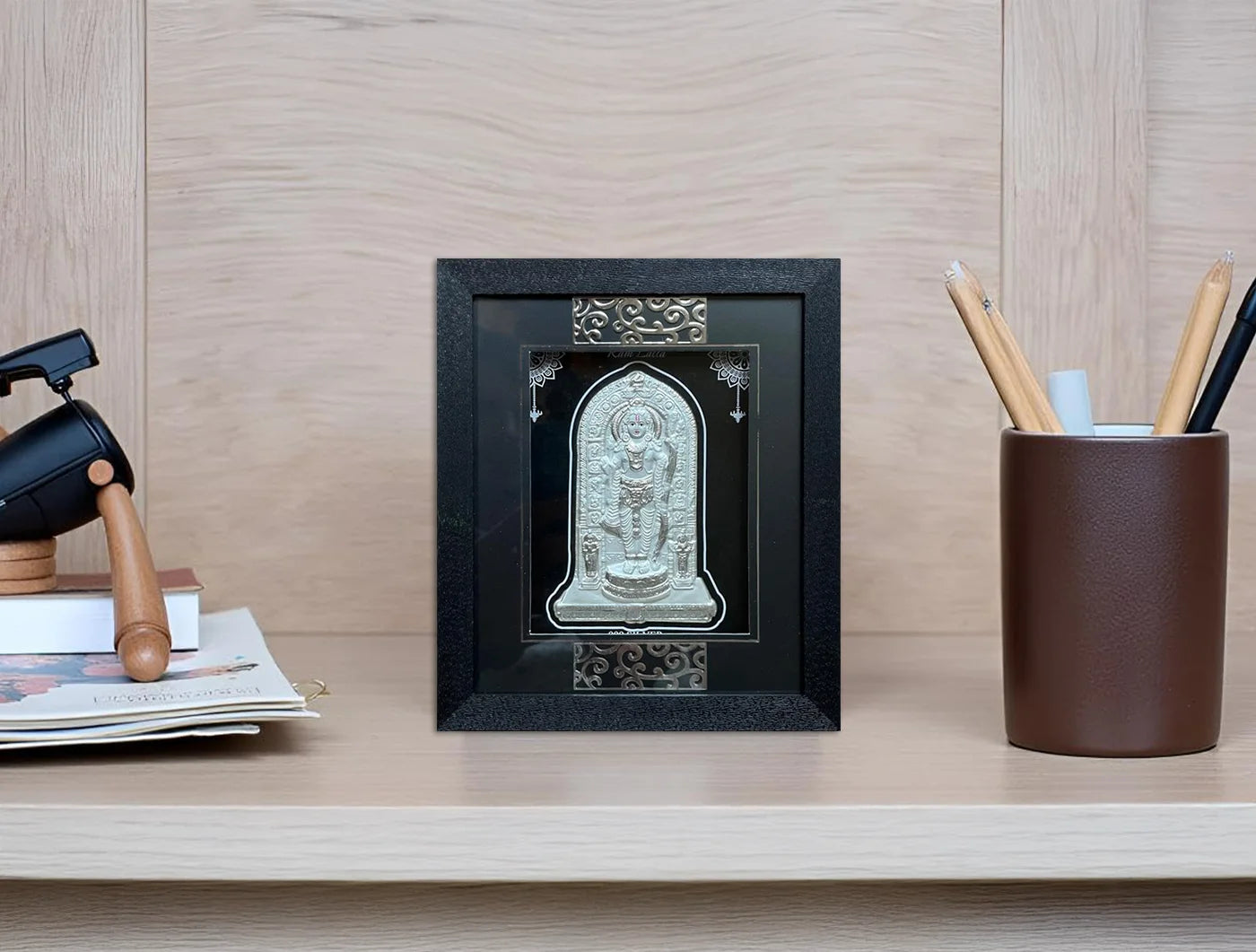 Silver Ramlalla wooden square photo frame by Bhagwati Jewels, wall mount or tabletop decor for home or office, 7x6 inches.