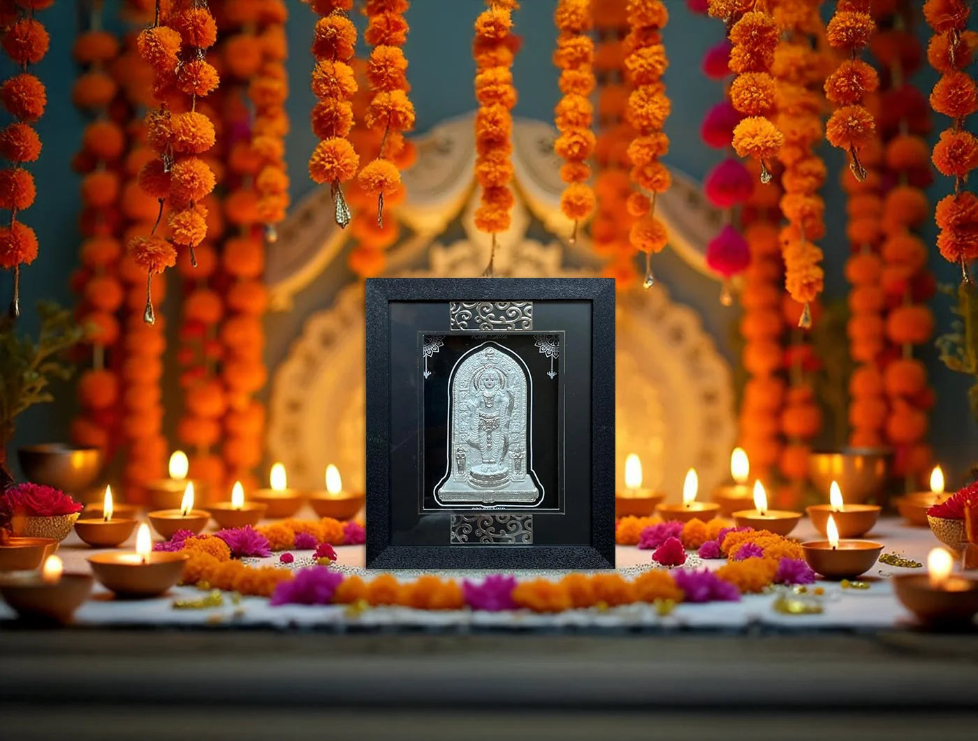 Silver Ramlalla wooden square photo frame by Bhagwati Jewels, wall mount or tabletop display, 7x6 inch for home or office decor.