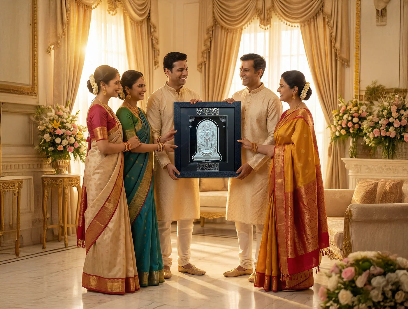 Silver Ramlalla wooden square photo frame by Bhagwati Jewels, wall mount or tabletop decor for home or office, 7x6 inches.