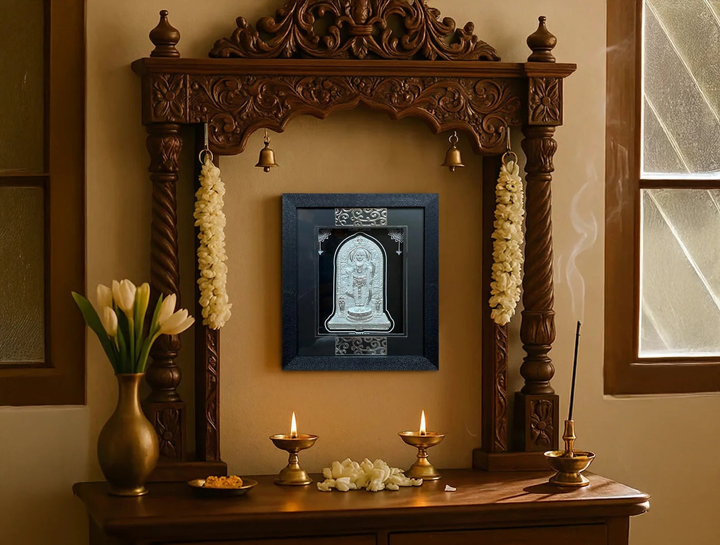 Silver Ramlalla wooden square photo frame by Bhagwati Jewels, wall mount or tabletop decor, perfect for home or office display.