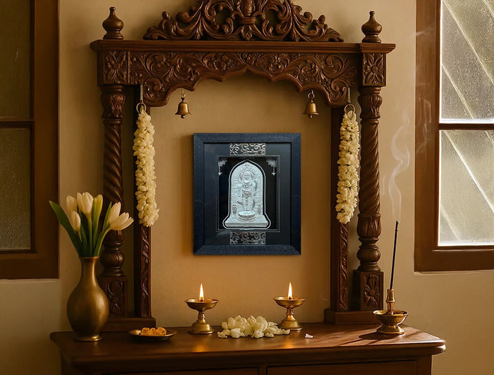 Silver Ramlalla wooden square photo frame by Bhagwati Jewels, wall mount or tabletop decor, perfect for home or office display.