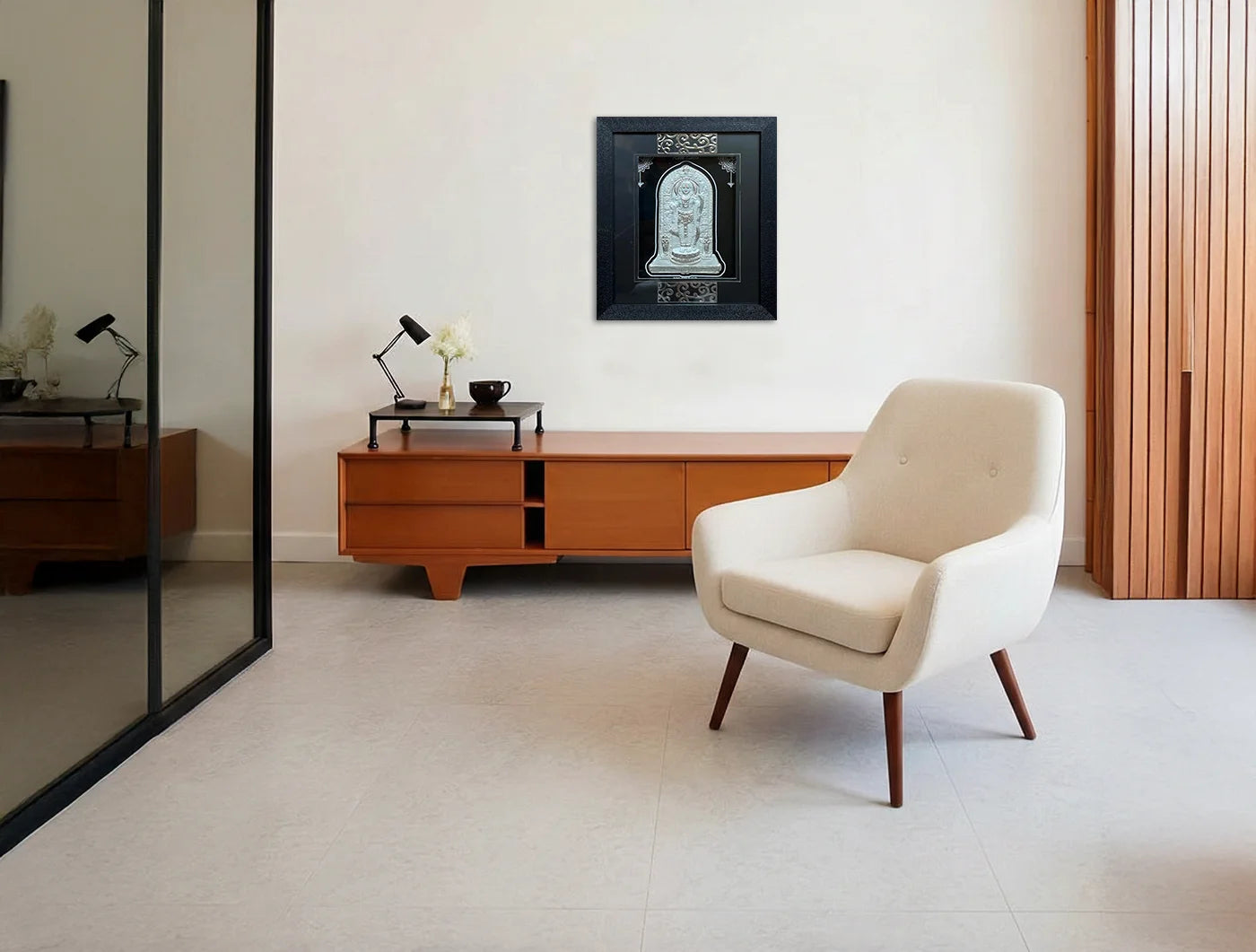 Silver Ramlalla wooden square photo frame by Bhagwati Jewels, wall mount or tabletop display for home or office decor.