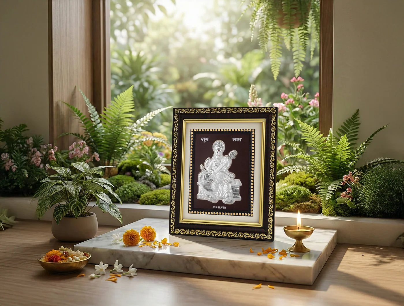Square 999 silver Sarswatimaa frame for gift items, 5.5x5 inches, by Bhagwati Jewels, ideal for tabletop display.