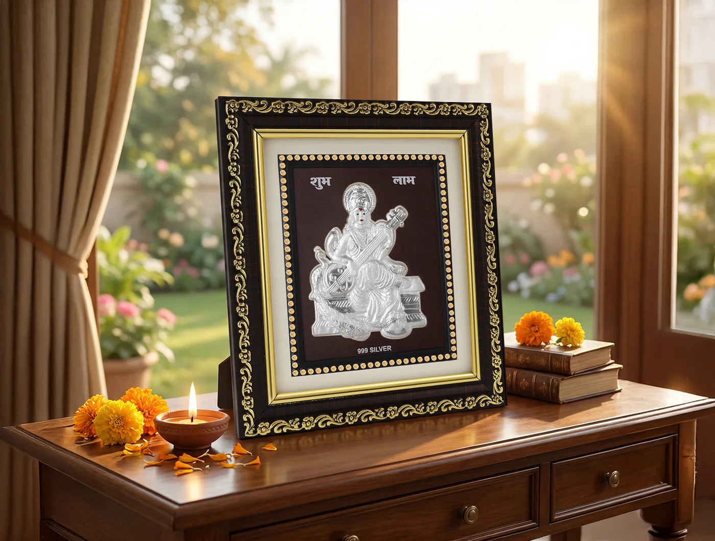 999 Silver Sarswatimaa Frame for gift items, 5.5 x 5 inches, by Bhagwati Jewels, showcasing intricate silver craftsmanship.