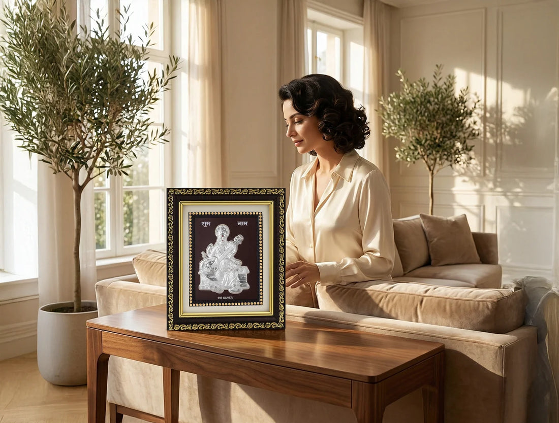 Square 999 silver Sarswatimaa frame for gift items, 5.5 x 5 inches, showcasing intricate designs by Bhagwati Jewels.