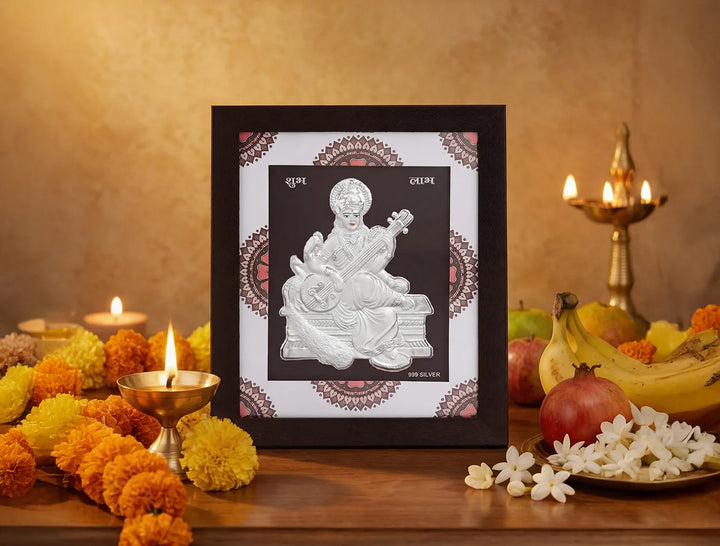 Silver Sarswatimaa wooden square photo frame by Bhagwati Jewels, 7x6 inches, for hanging or tabletop display.