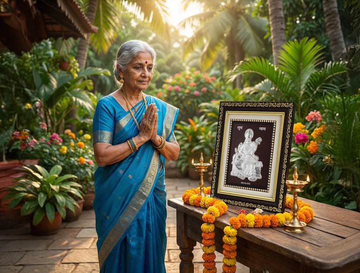 999 Silver Sarswatimaa Frame for Gift Items | Sarswatimaa Frame & God Photo Frame for Pooja Room Decor, Home Wall & Office Mandir | Square Tabletop |5.5 X 5 Inch