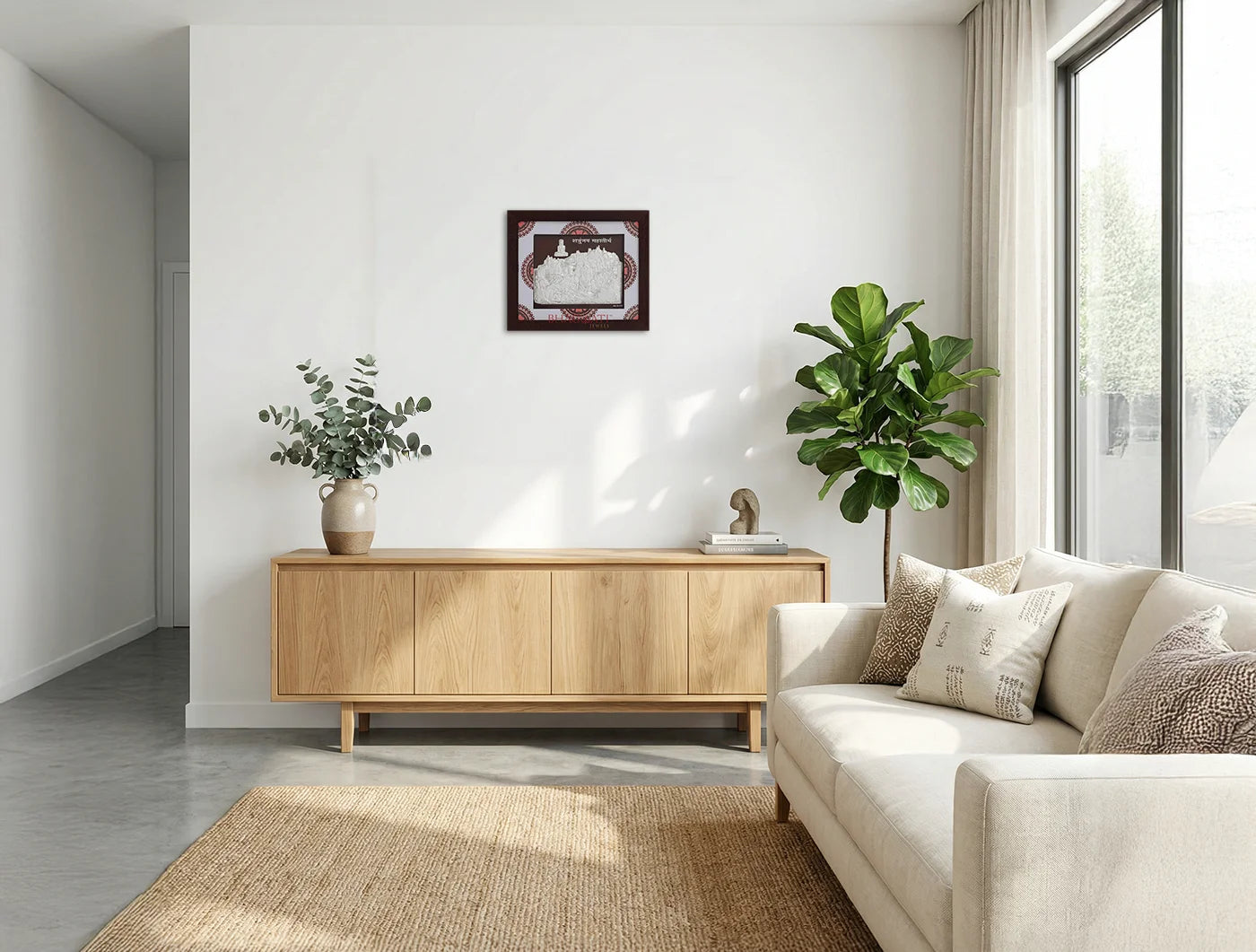 999 Pure Silver Shetrunjay Frame hanging on a wall above a modern wooden console in a stylish living room.