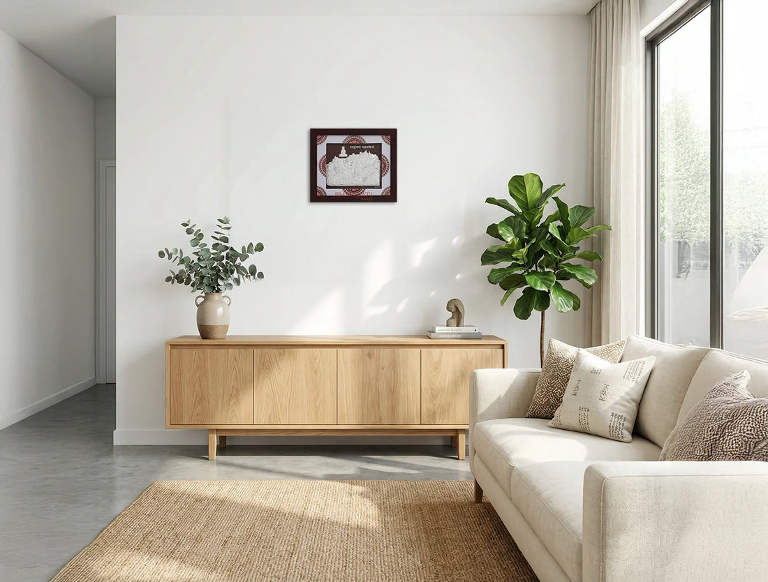 999 Pure Silver Shetrunjay Frame hanging on a wall above a modern wooden console in a stylish living room.