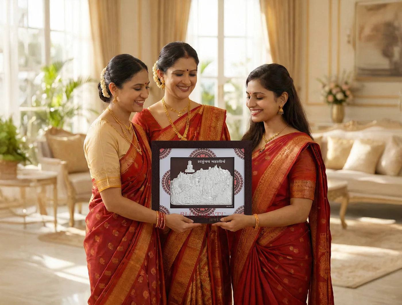 Three women in traditional attire holding the 999 Pure Silver Shetrunjay Frame in a beautifully decorated room.
